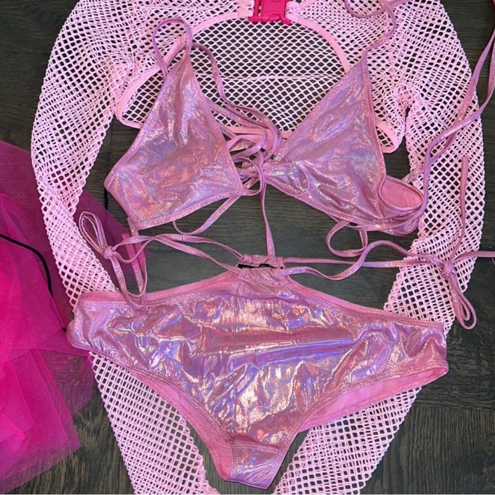 Club Exx Pink Buckle Fishnet Top and Strappy Metallic Bodysuit Set
